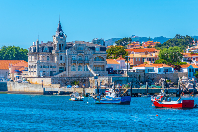 Seixas palace viewed behind marina in Cascais, Portugal