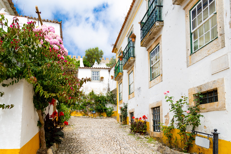 Street of portuguese village Óbidos with traditional buildings and flowers in summer