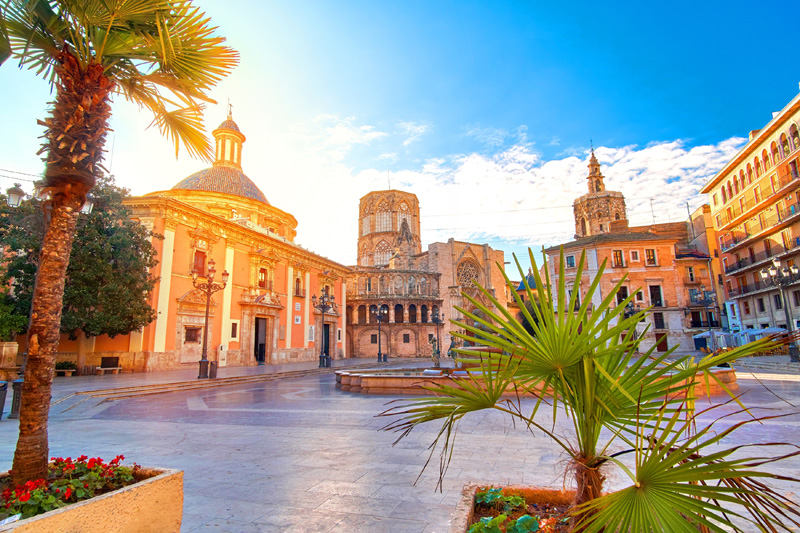 Valencia Spain Virgin Square Architecture with Sunrise
