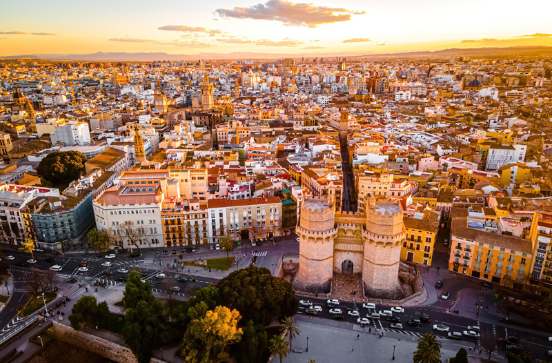 The aerial view of the old center of Valencia, a port city on Spainishs southeastern coast