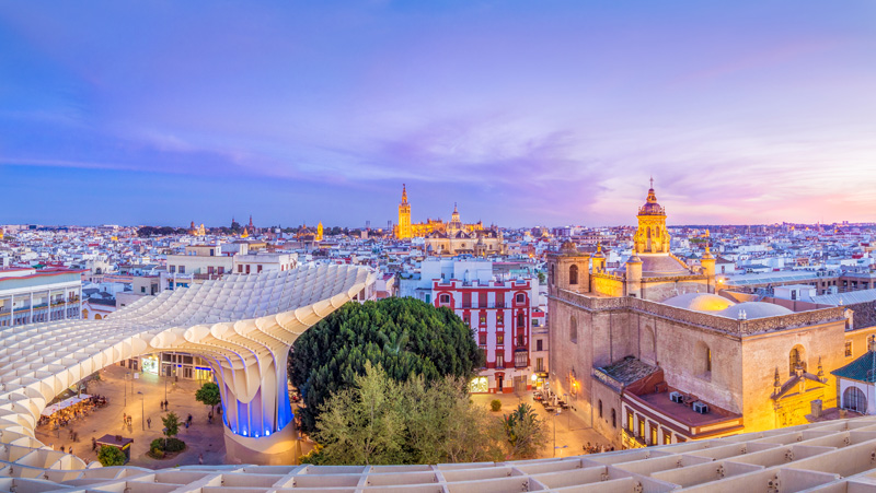 From the top of the Space Metropol Parasol (Setas de Sevilla) one have the best view of the city of Seville, Spain. It provides a unique view of the old city center and the cathedral.